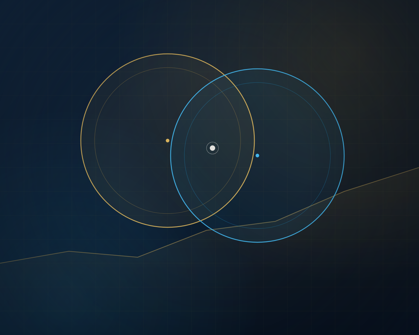 Two overlapping rings representing partnership, over a financial growth grid